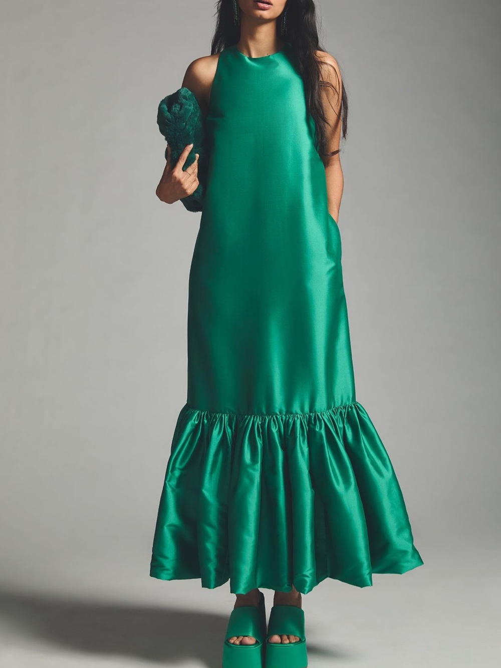 Anthropologie Emerald Green Sleeveless Satin Maxi Dress with Ruffle Hem - Picture 2 of 4